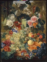 Stillleben mit Blumen und Früchten auf einer Marmortafel